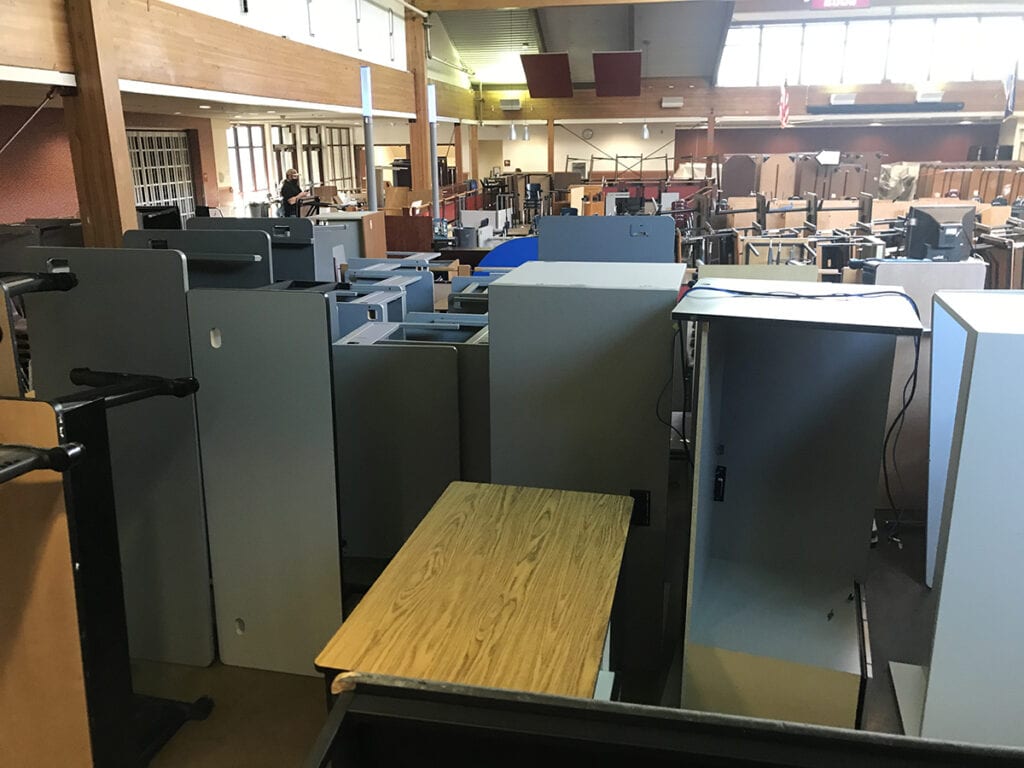 school furniture staged in cafeteria