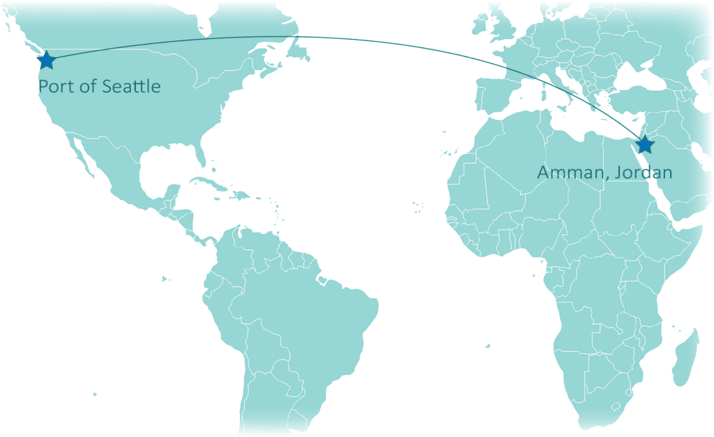 map showing route from Seattle to Amman Jordan