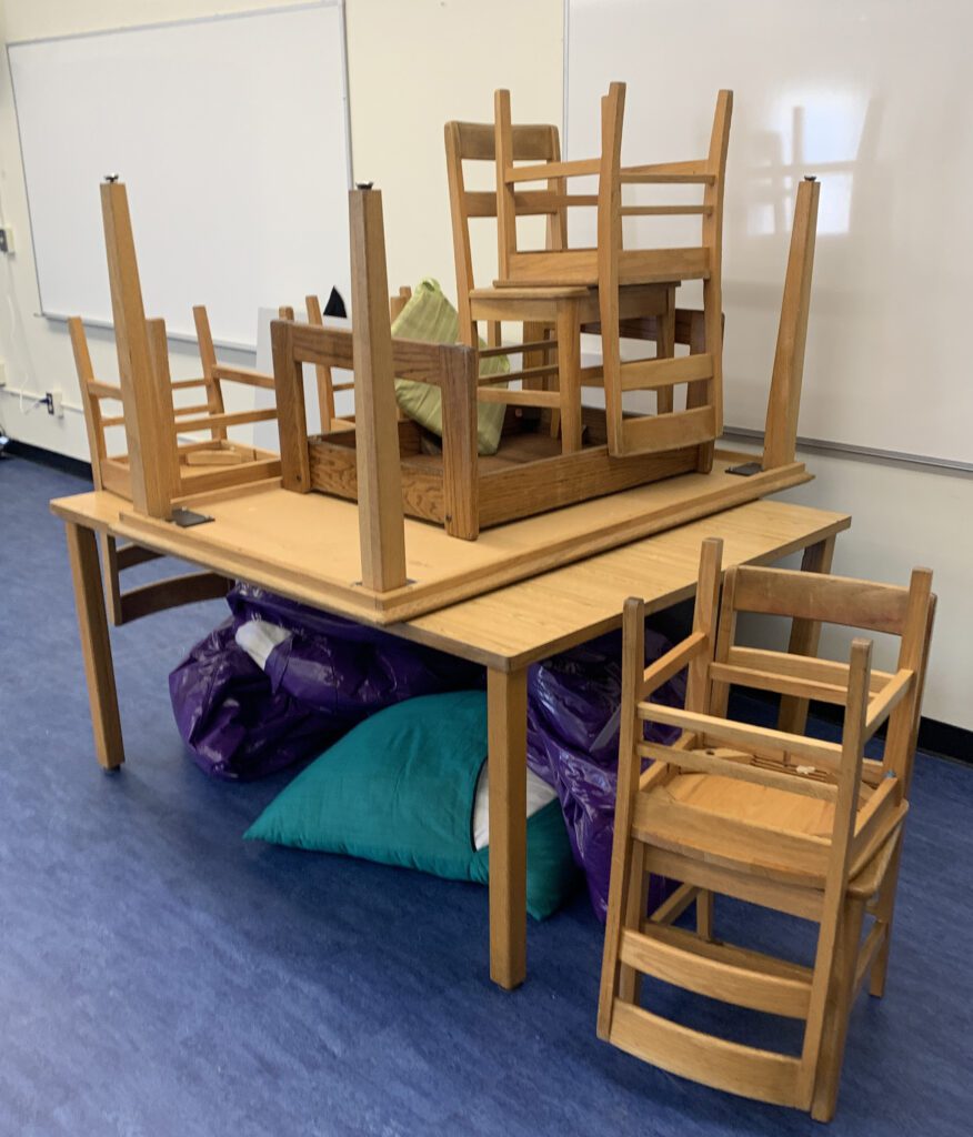 stacked school furniture